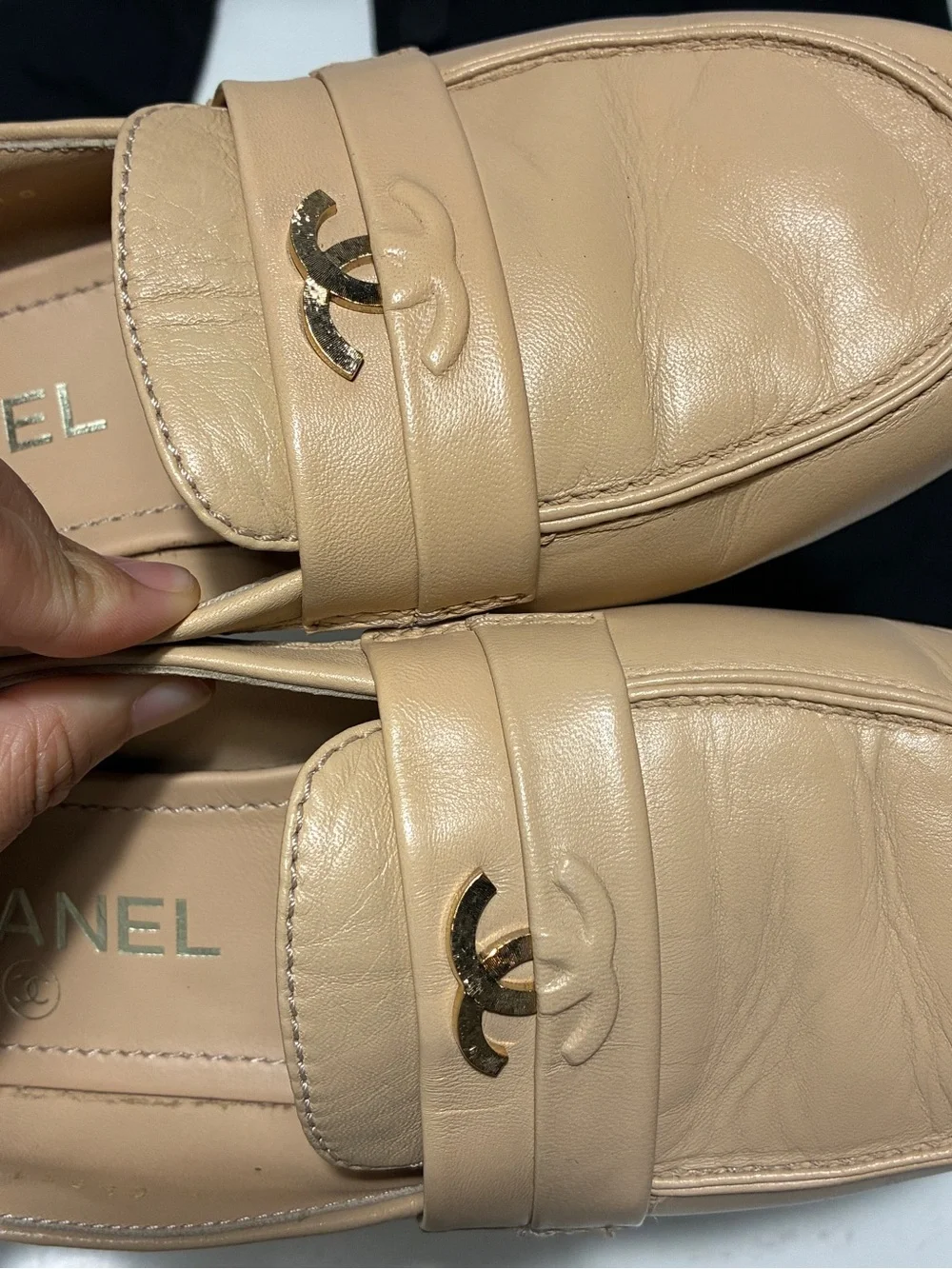CHANEL Tan Leather CC Logo Penny Loafers